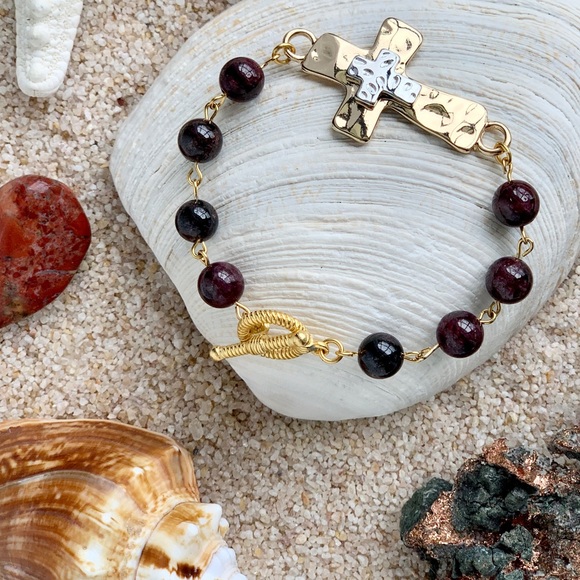 Christian Garnet Gemstone Cross Bracelet - “Linked in Faith” - Picture 3 of 5